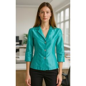 MARIKO 100% SILK BUTTON FRONT BLOUSE XS 3/4 SLEEVE NOTCH COLLAR EVENING ELEGANT